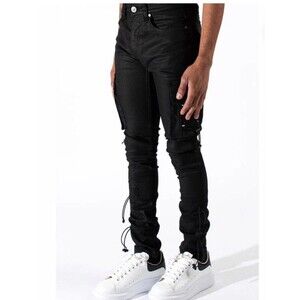 NWT Serenede Size 34 Bungee Cargo Jeans Waxed Black Slim Skinny Stacked Tactical